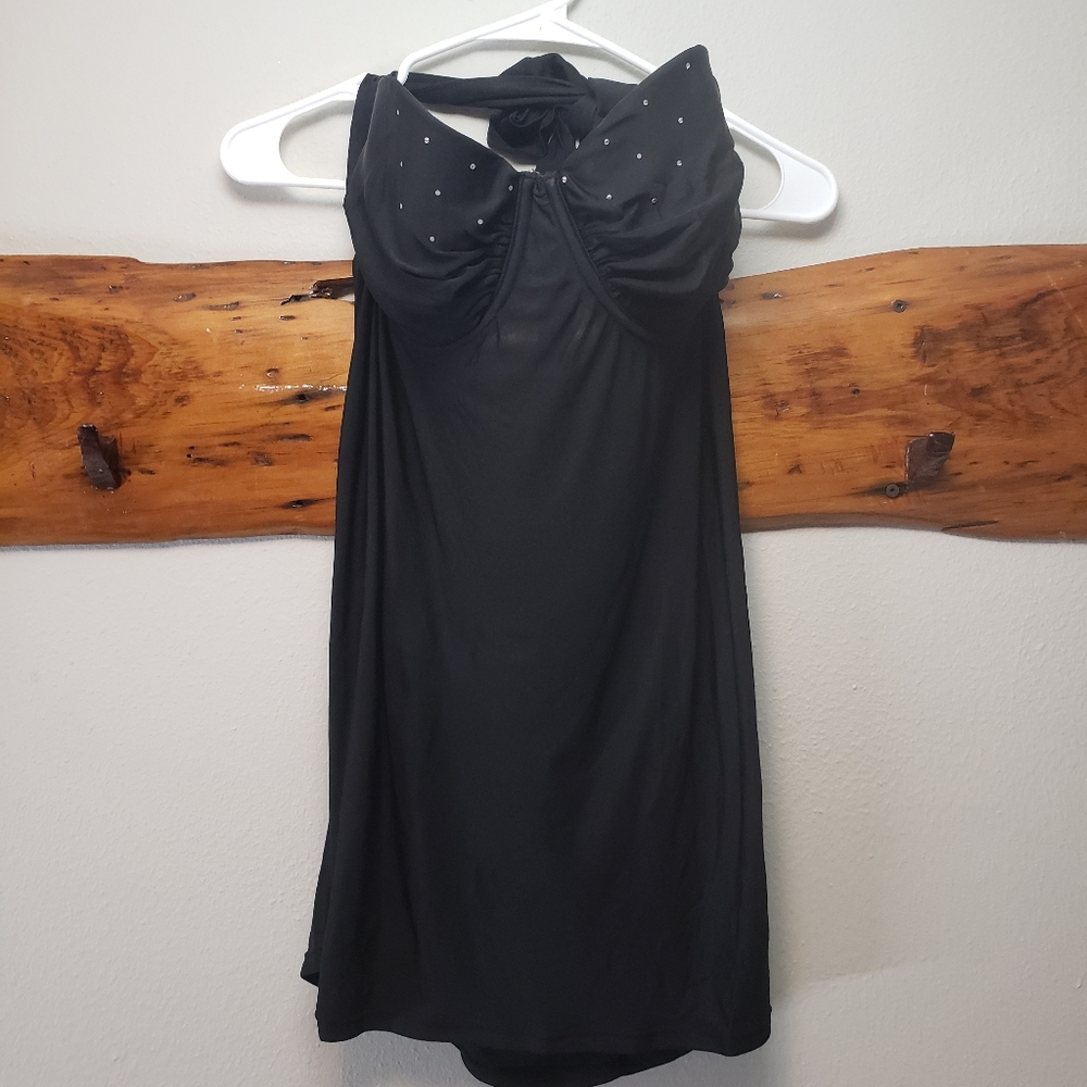 WOMENS XL SHEER BLACK SWIM TANKINI CRYSTALS HALTER